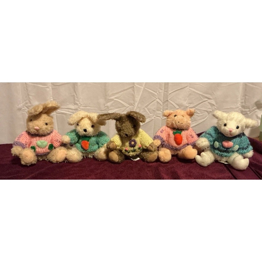 5 VTG 1988 Easter Chrisha Playful Plush In‎ Knitted Sweaters,  Pig Rabbits Sheep